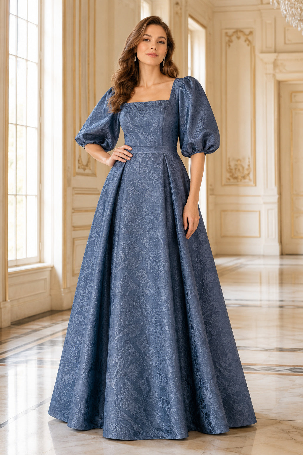 Steel Blue Square Neck Jacquard Ball Gown with Puff Sleeves for Mother of the Bride and Wedding Guest Events front view