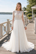 White Scoop Three-Quarter Sleeves A-Line Satin Floor-length Wedding Dress With Open Back and Lace Bodice and Open Back