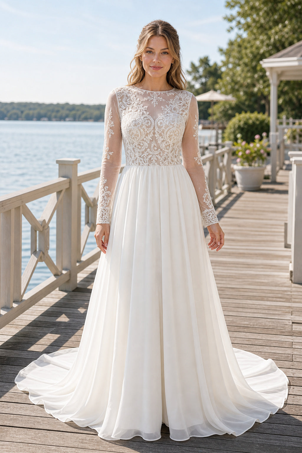 White Scoop Three-Quarter Sleeves A-Line Satin Floor-length Wedding Dress With Open Back and Lace Bodice and Open Back