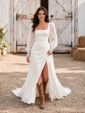 Square Neck Sheath Wedding Dress with Long Chiffon Sleeves and Satin Skirt Simple Elegant Long Sleeve front view