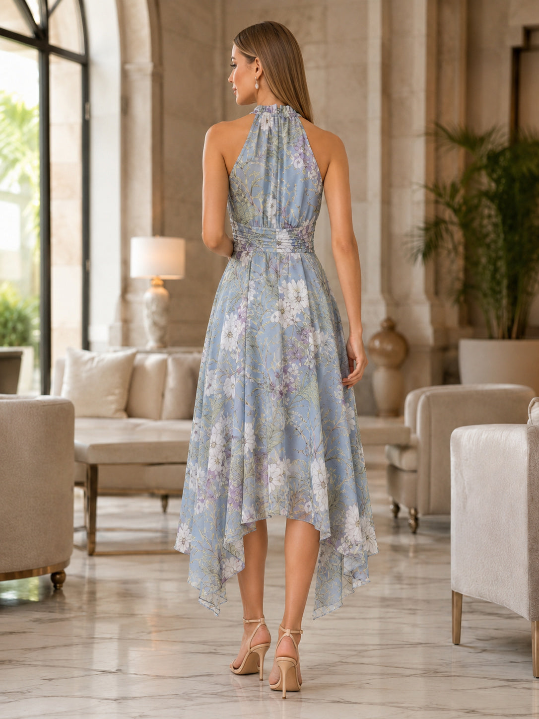 Blue Botanical Halter High Neck High Low Chiffon Cocktail Dress back view