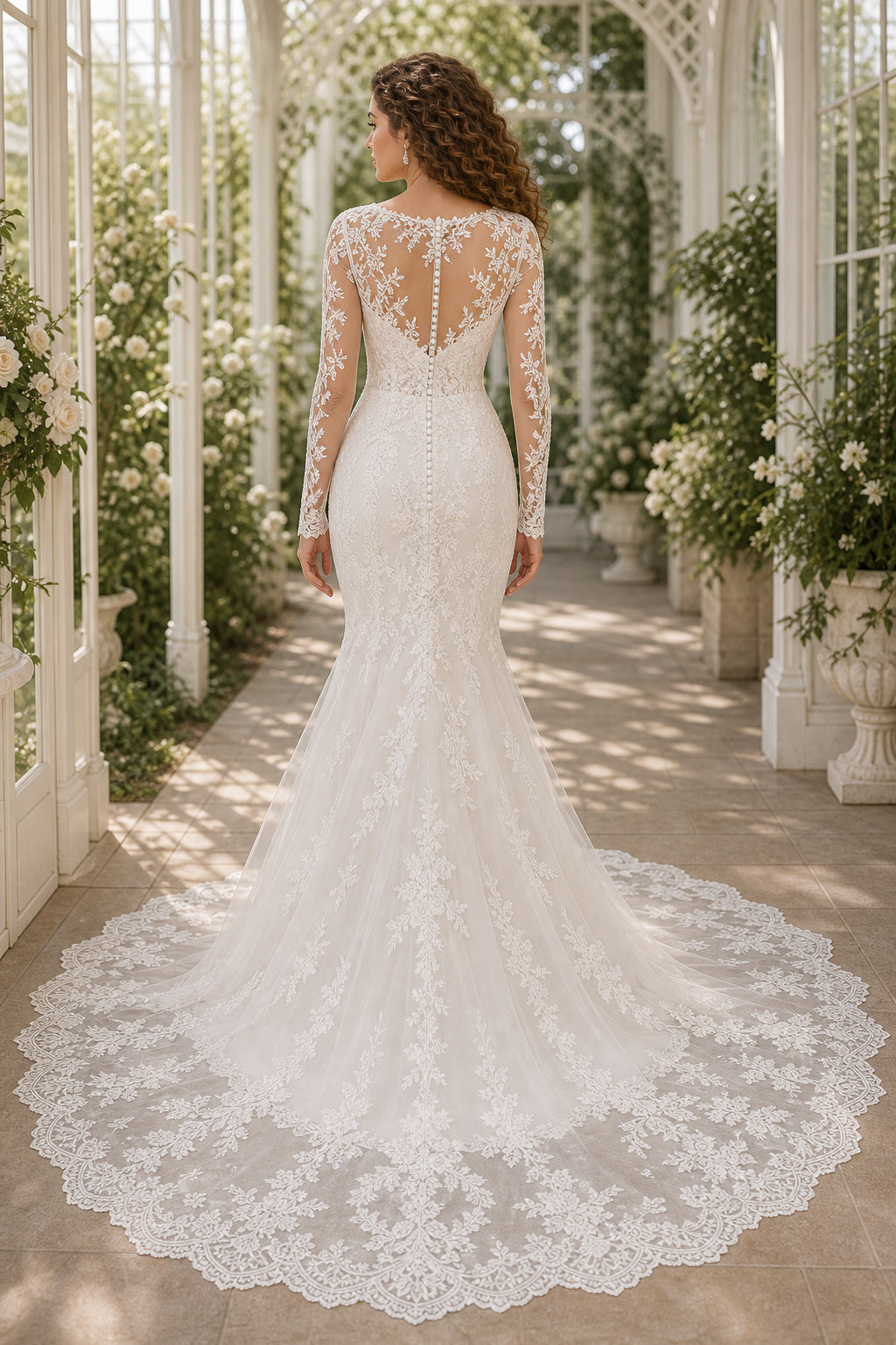 Ivory One-shoulder Long Sleeves Mermaid Lace Floor-length Wedding Dress With Lace and Train