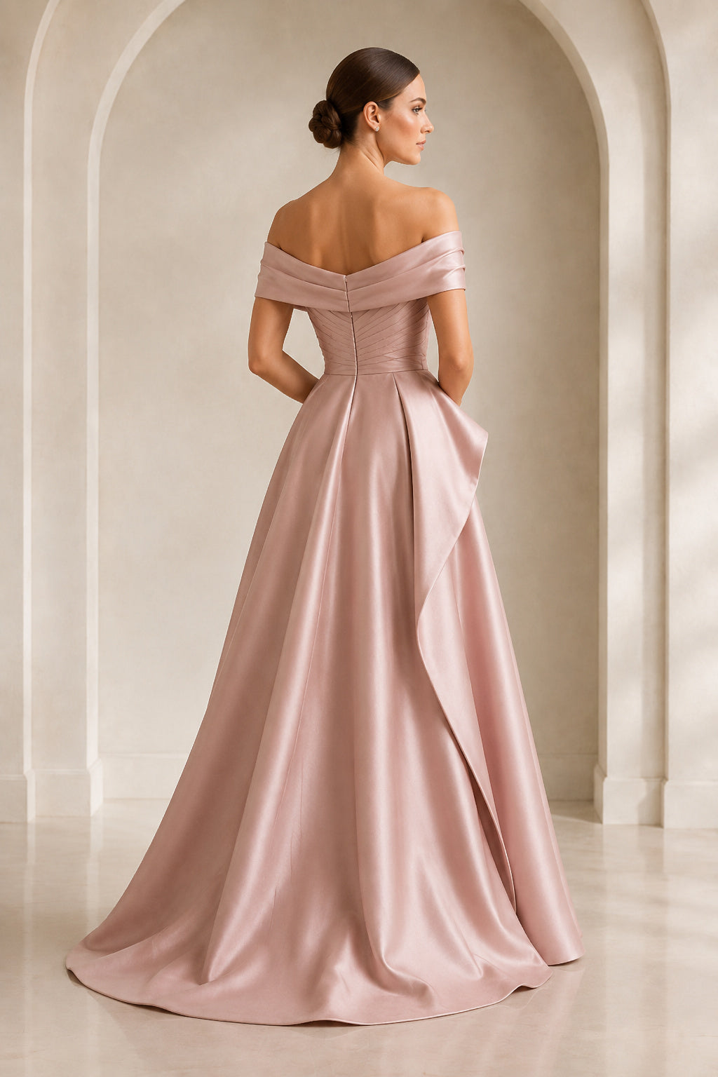 Plus Size Blushing Pink Off-the-Shoulder Satin Ball Gown Prom Dress with Split Front back view