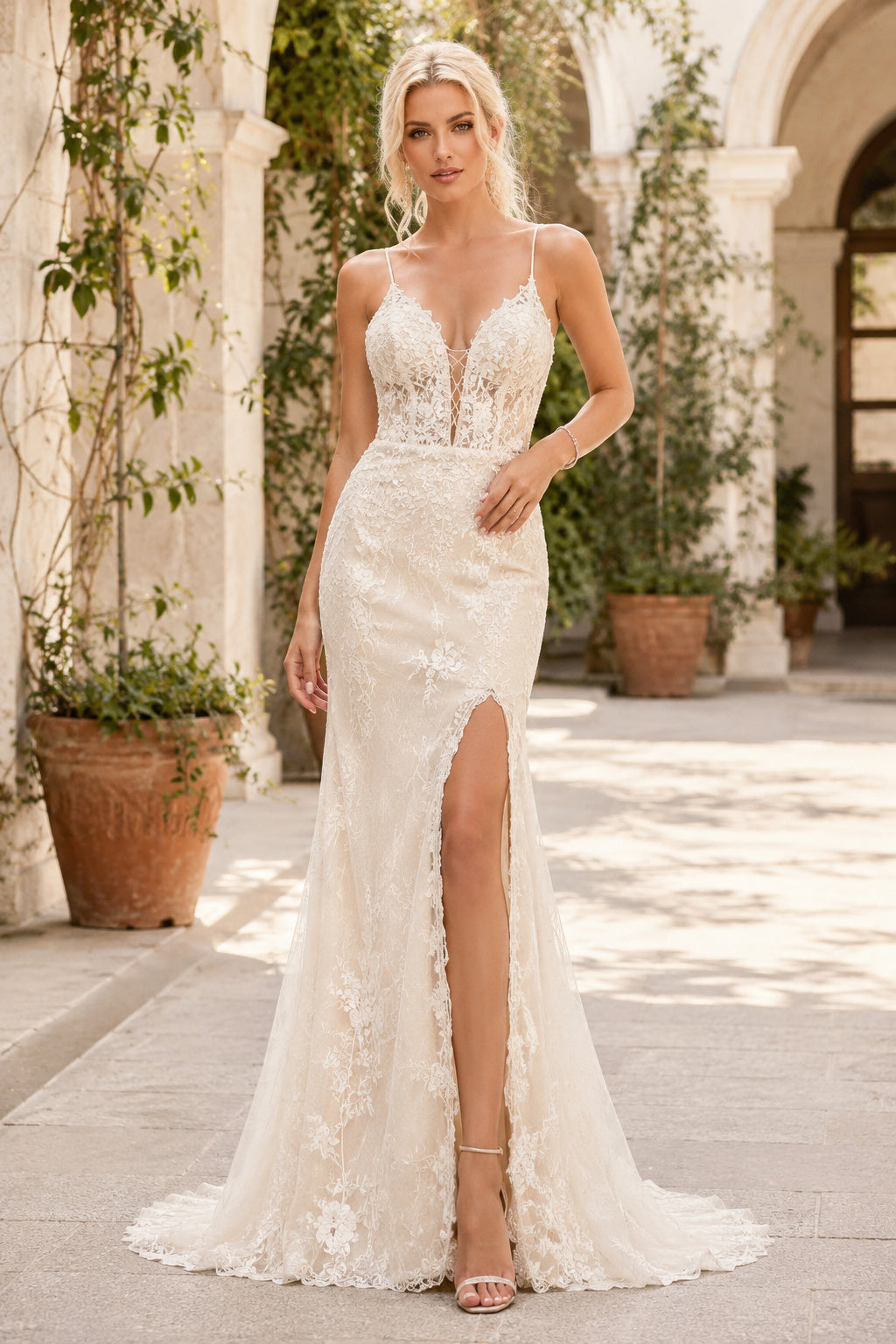 Ivory Spaghetti Lace Mermaid Wedding Dress Split Sweep Train for Wedding Ceremony and Reception front view