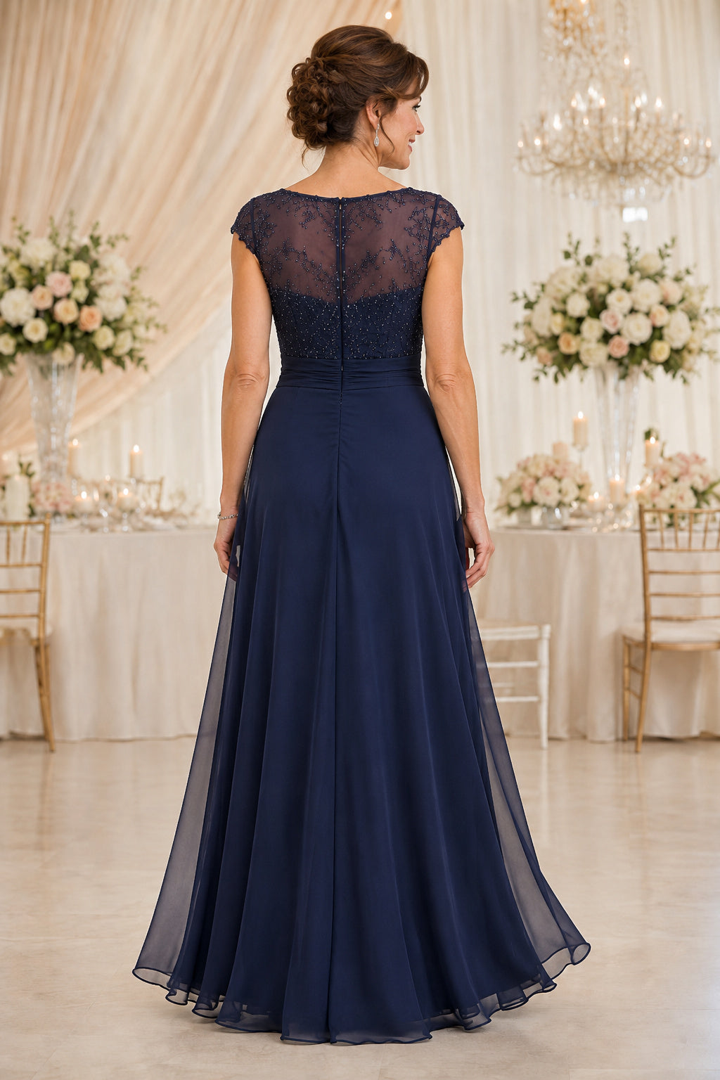 Dark Navy Chiffon A-Line Mother Dress with Cap Sleeve Illusion Lace Bodice back view