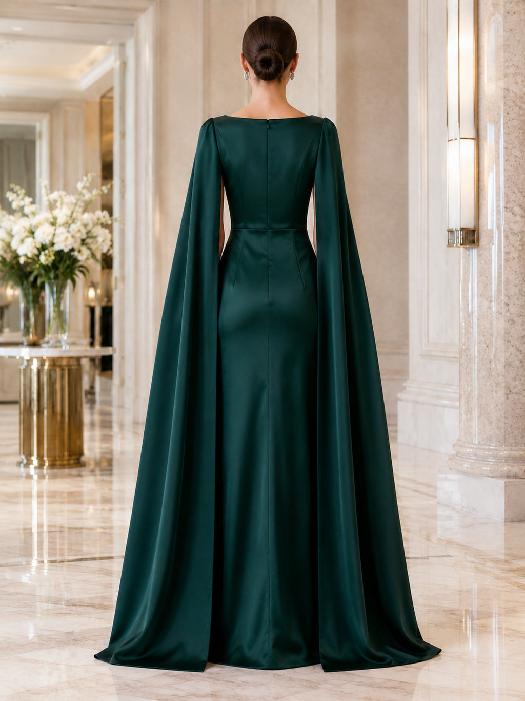 Dark Green Cape Sleeve Satin Formal Gown back view