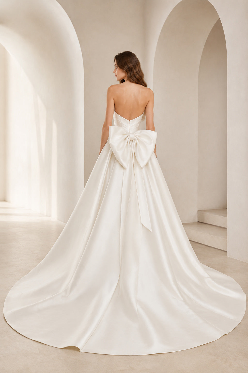 White Strapless Satin Ball Gown Wedding Dress with Back Bow back view