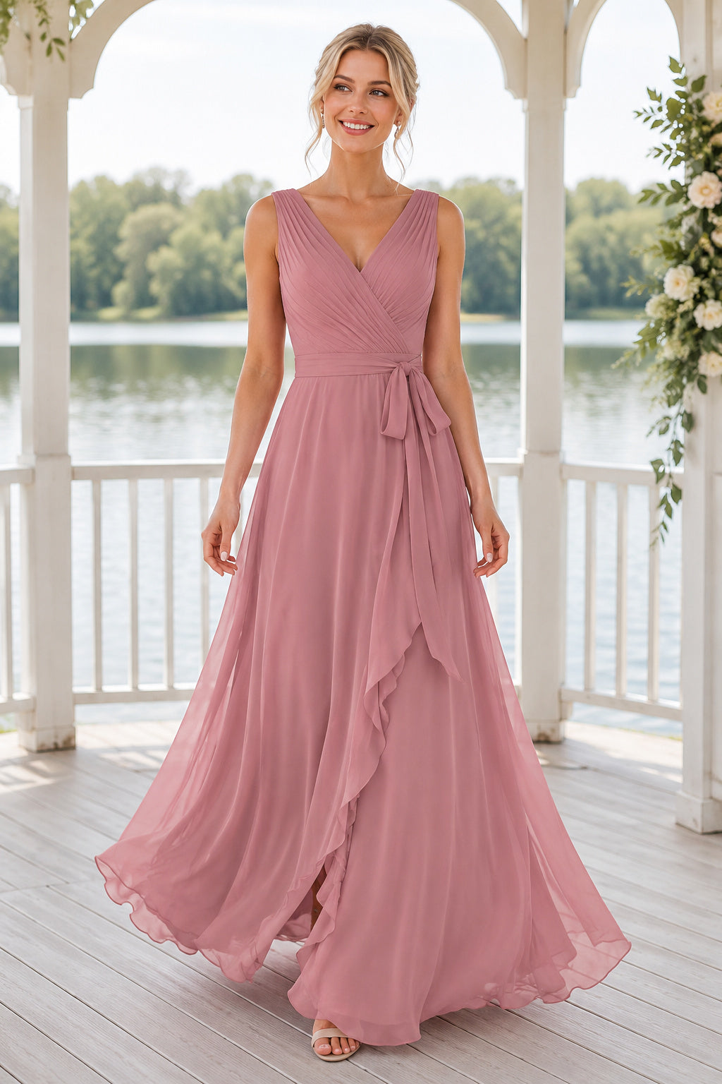 Dusty Rose Sleeveless Chiffon A-Line Bridesmaid Dress with V-Neck Sash and Draped Skirt front view