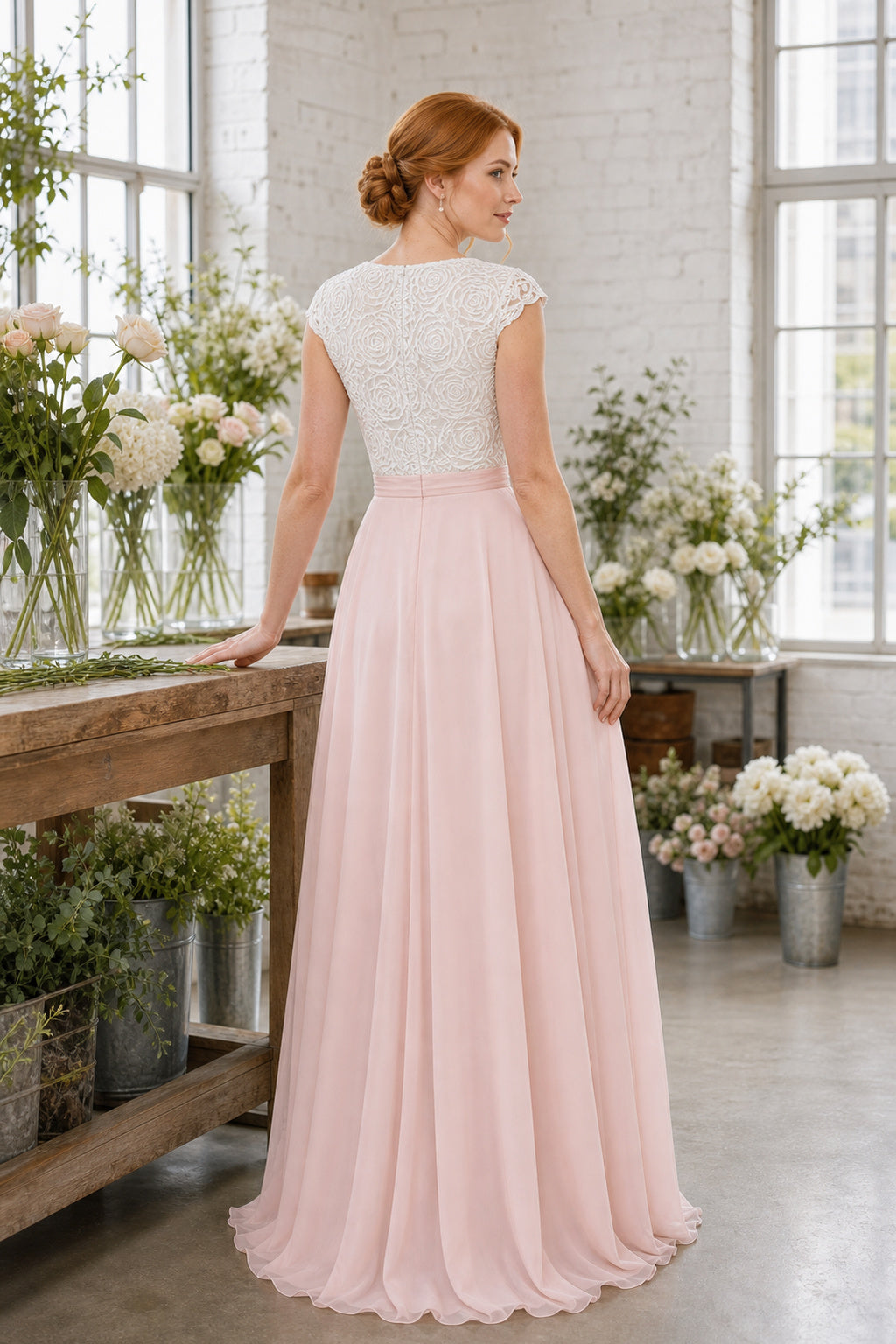 Blush Bateau Short Sleeve A-Line Chiffon Floor-Length Dress With Lace Bodice