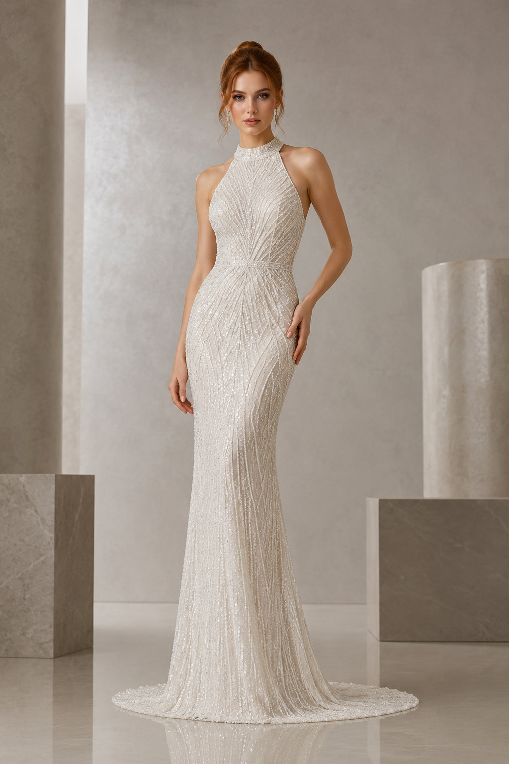 High Neck Beaded Sheath Wedding Dress with Low Back and Sweep Train front view