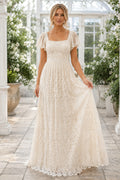 Ivory Square Neck Cap Sleeve Lace A-Line Wedding Dress for Wedding Ceremony and Reception front view