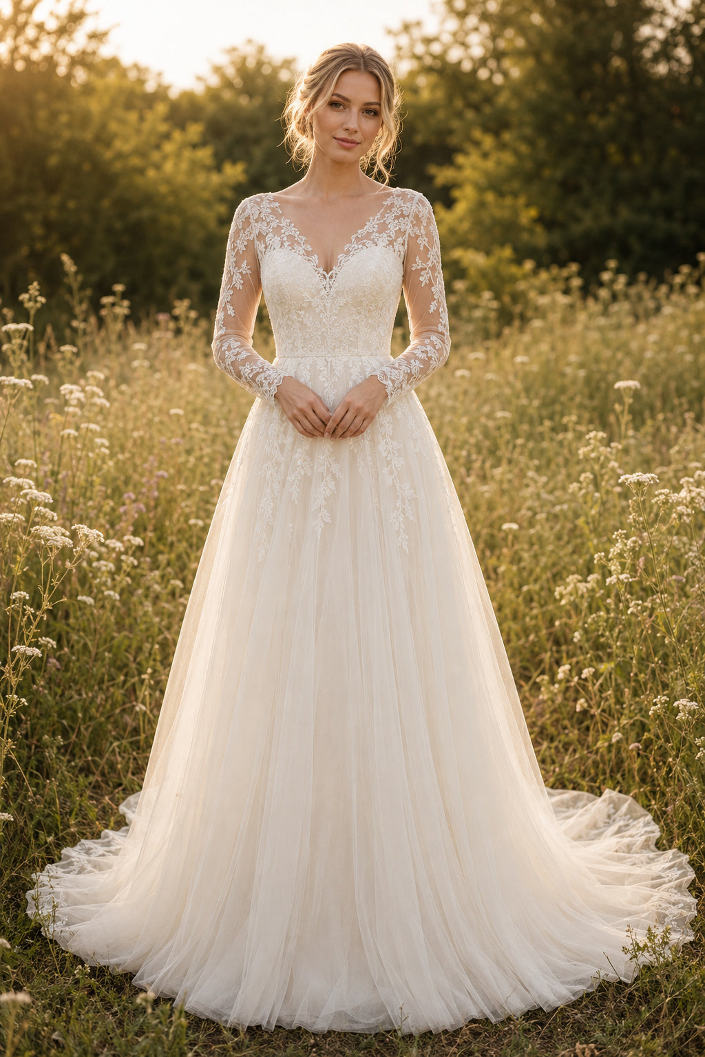 Long Sleeve V-Neck A-Line Wedding Dress with Lace Bodice and Soft Tulle Train for Beach Garden Ceremony front view