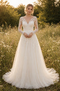 Long Sleeve V-Neck A-Line Wedding Dress with Lace Bodice and Soft Tulle Train for Beach Garden Ceremony front view