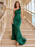 Emerald One Shoulder Ruched Satin Mermaid Formal Gown front view