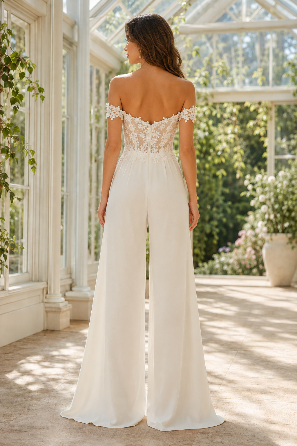 Ivory Off Shoulder Lace Bodice Wedding Jumpsuit back view