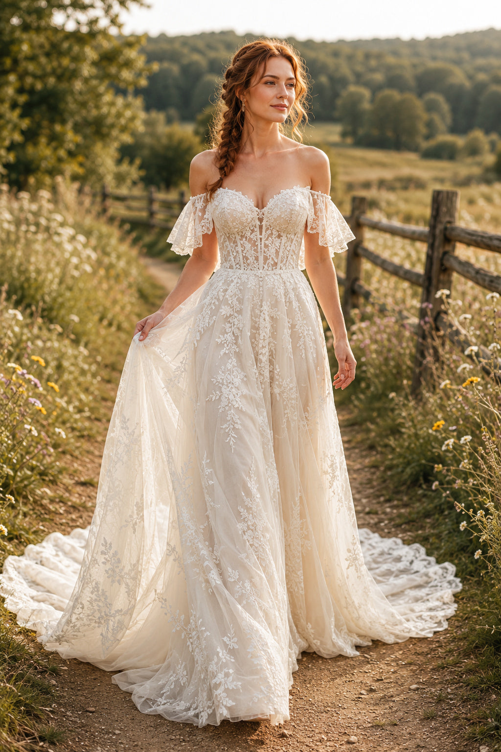 Off the Shoulder A-Line Wedding Dress with Lace Appliques and Scalloped Chapel Train front view