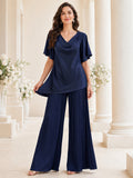 Dark Navy Cowl Neck Short Flutter Sleeve Pleated Chiffon Two Piece Wide Leg Guest Pantsuit front view