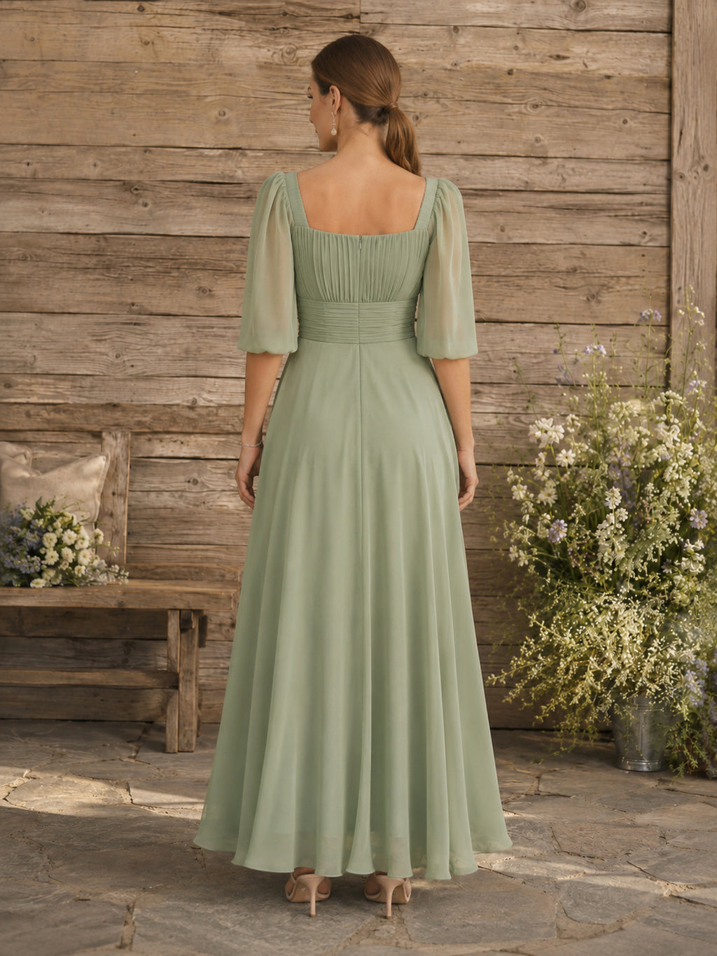 Sage chiffon square neck sheer puff sleeve ankle length dress back view