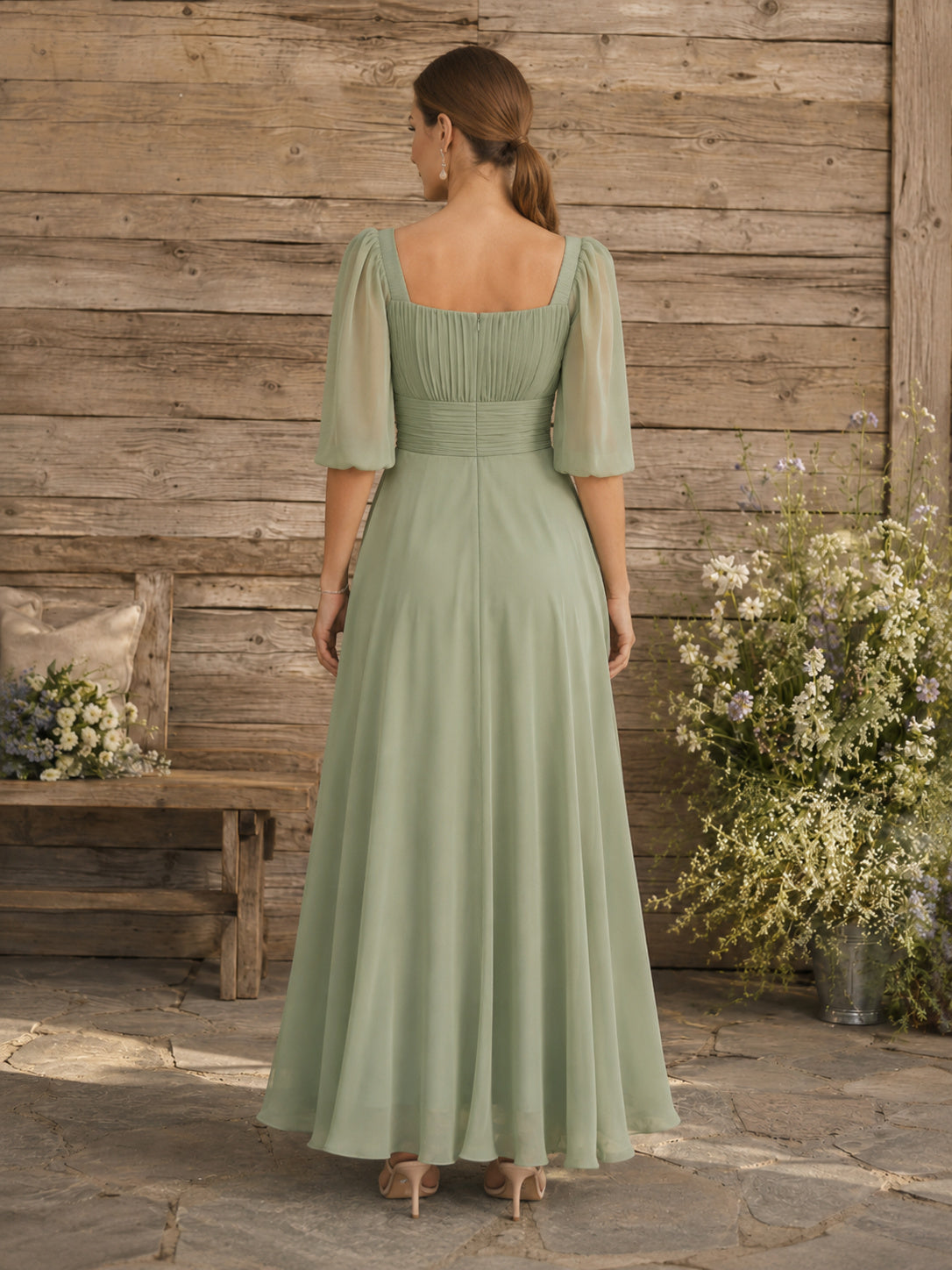 Sage chiffon square neck sheer puff sleeve ankle length dress back view