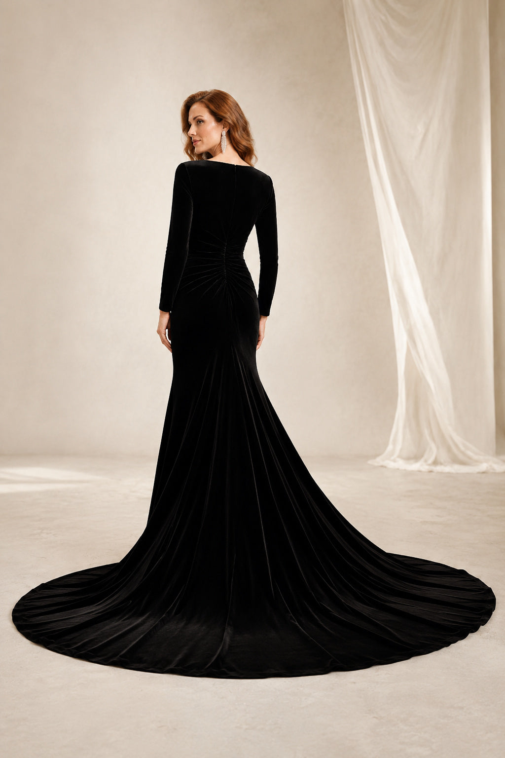 Black Long Sleeve Velvet Mermaid Evening Dress with Train back view