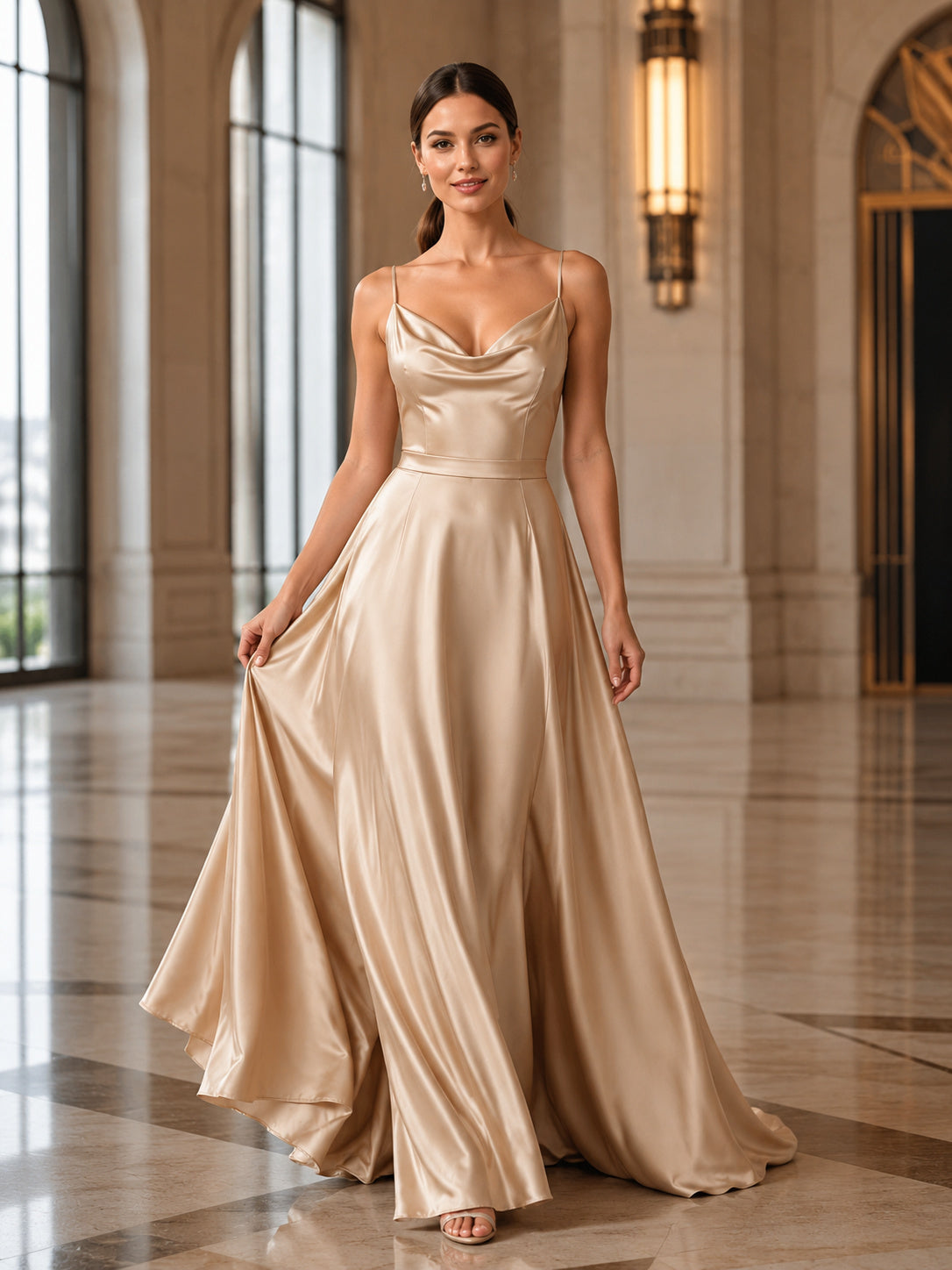 Champagne spaghetti strap satin A-line prom gown with drape front view