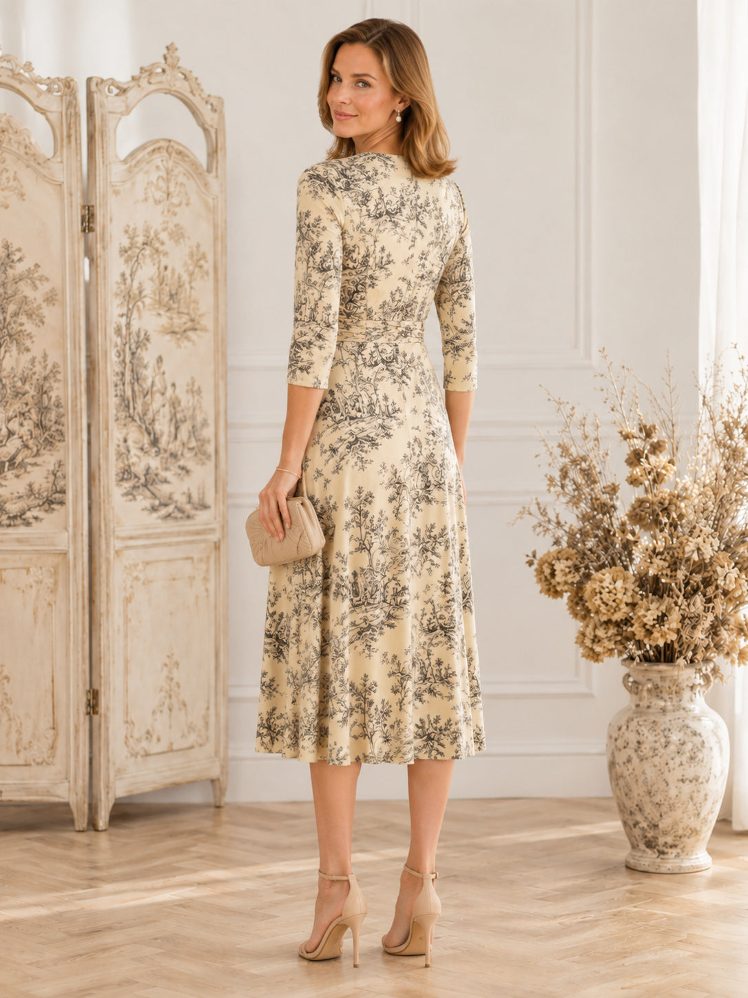 Taupe Toile V-Neck Three-Quarter Sleeve Wrap Midi Dress back view