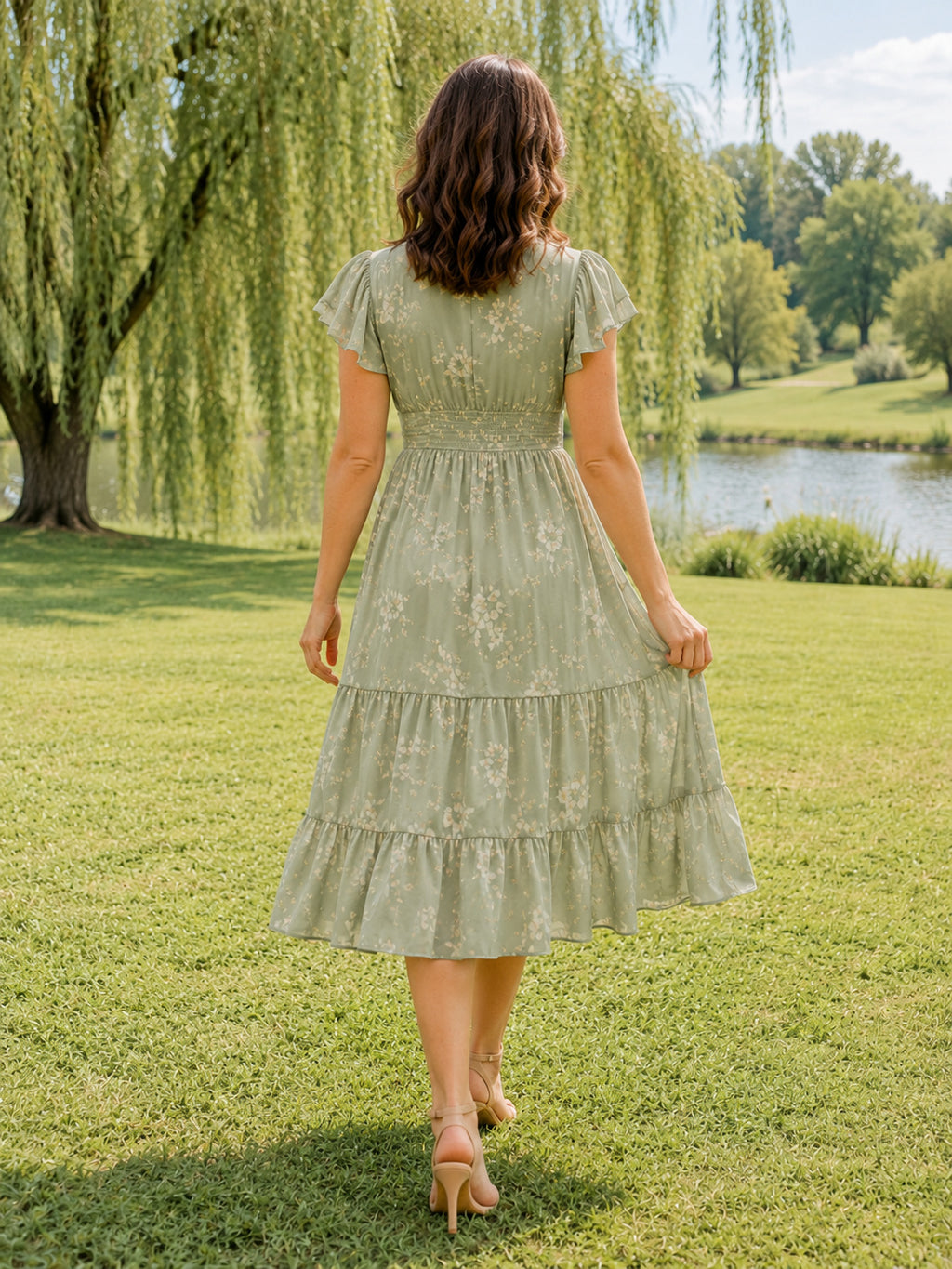 Sage Floral V Neck Tiered Family Photo Dress back view