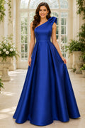 Evening Gown Royal Blue Satin Ball Gown One Shoulder Sleeveless Floor Length front view