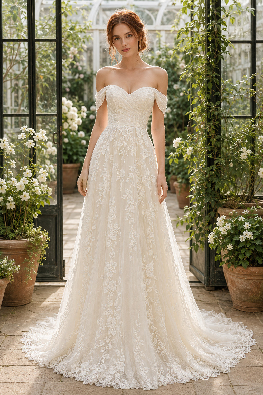 Ivory Off-the-Shoulder Lace A-Line Wedding Dress with Scalloped Sweep Train front view