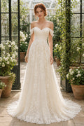 Ivory Off-the-Shoulder Lace A-Line Wedding Dress with Scalloped Sweep Train front view