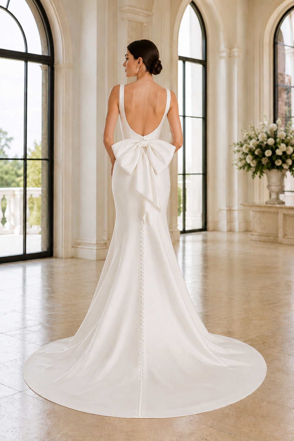 Plus Size Simple Square Neck Satin Mermaid Wedding Dress with Bow Back back view