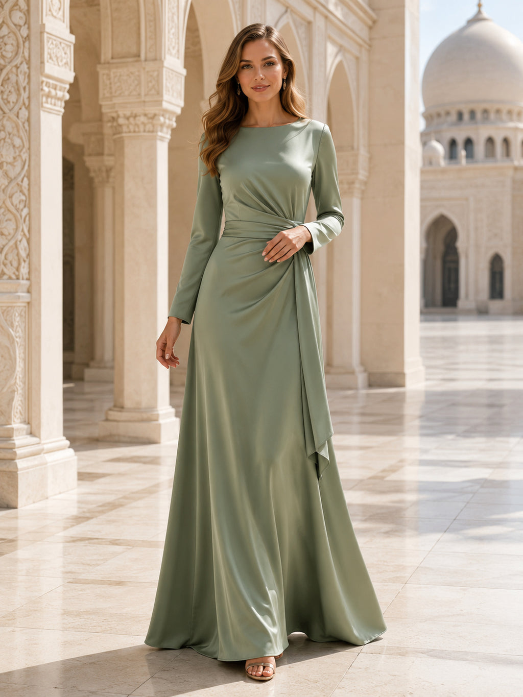Sage Long Sleeve Draped Modest Maxi Wedding Guest Dress front view