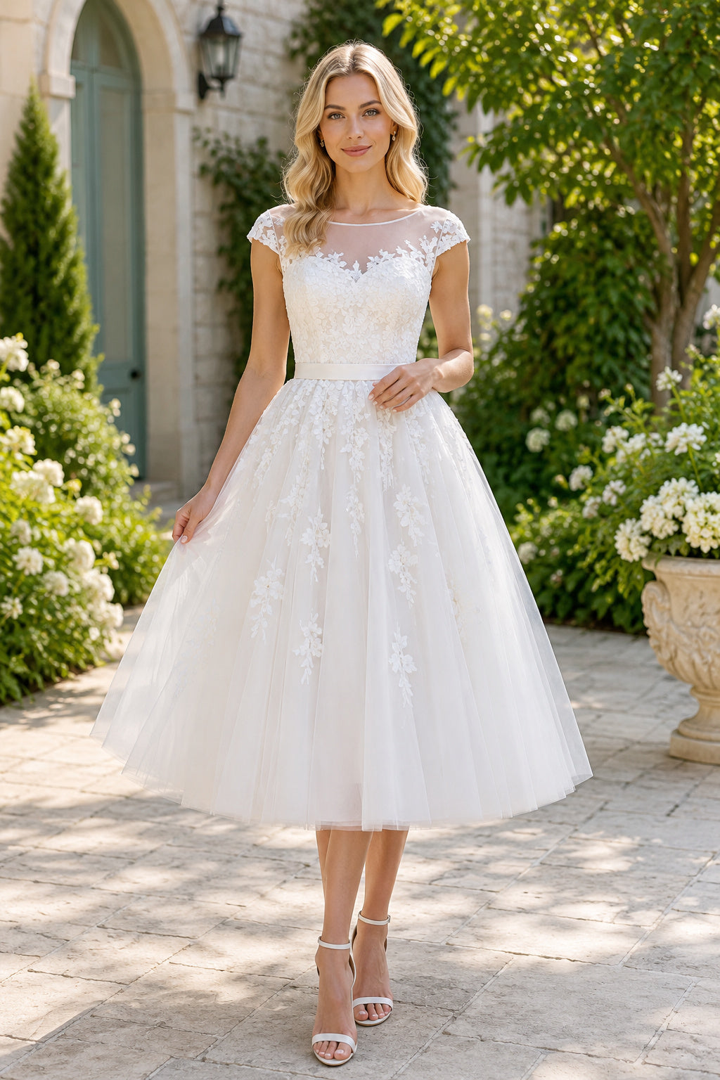 Ivory Tea-Length Lace Cap Sleeve A-Line Wedding Dress with Tulle Skirt front view
