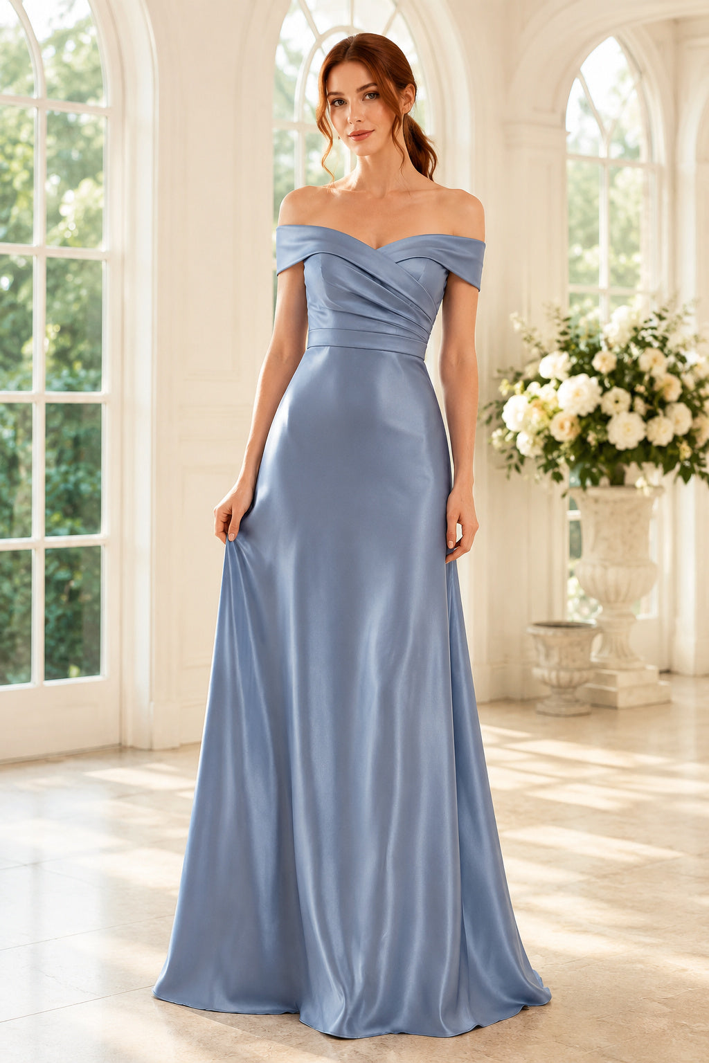 Steel Blue Off-the-Shoulder Satin A-Line Bridesmaid Dress with Wrapped Bodice front view