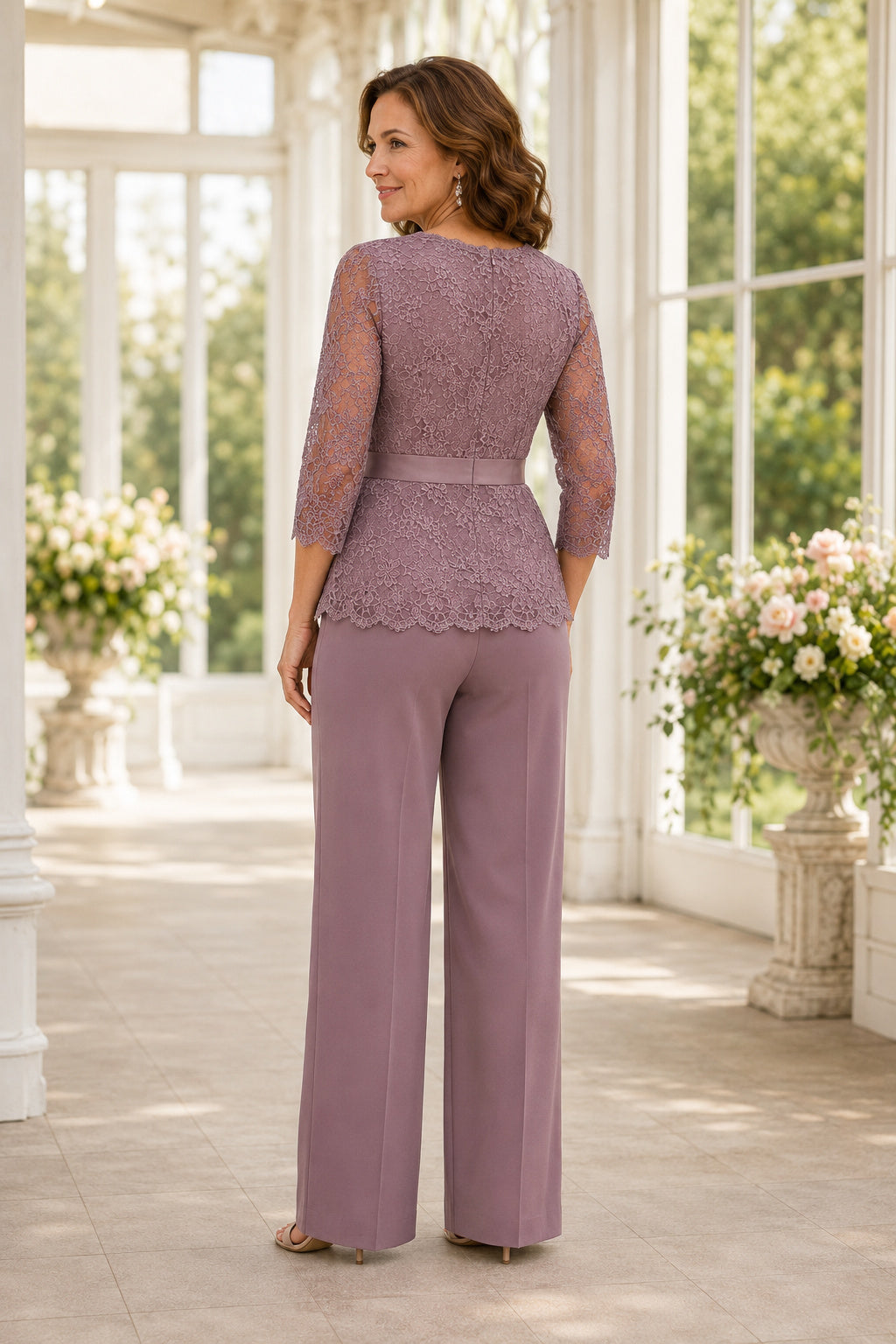 Vintage Mauve Lace Top Mother Jumpsuit with Three Quarter Sleeves and Wide Pants back view