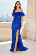Royal Blue Off-the-Shoulder Sequin Mermaid Prom Dress with Feather Trim front view
