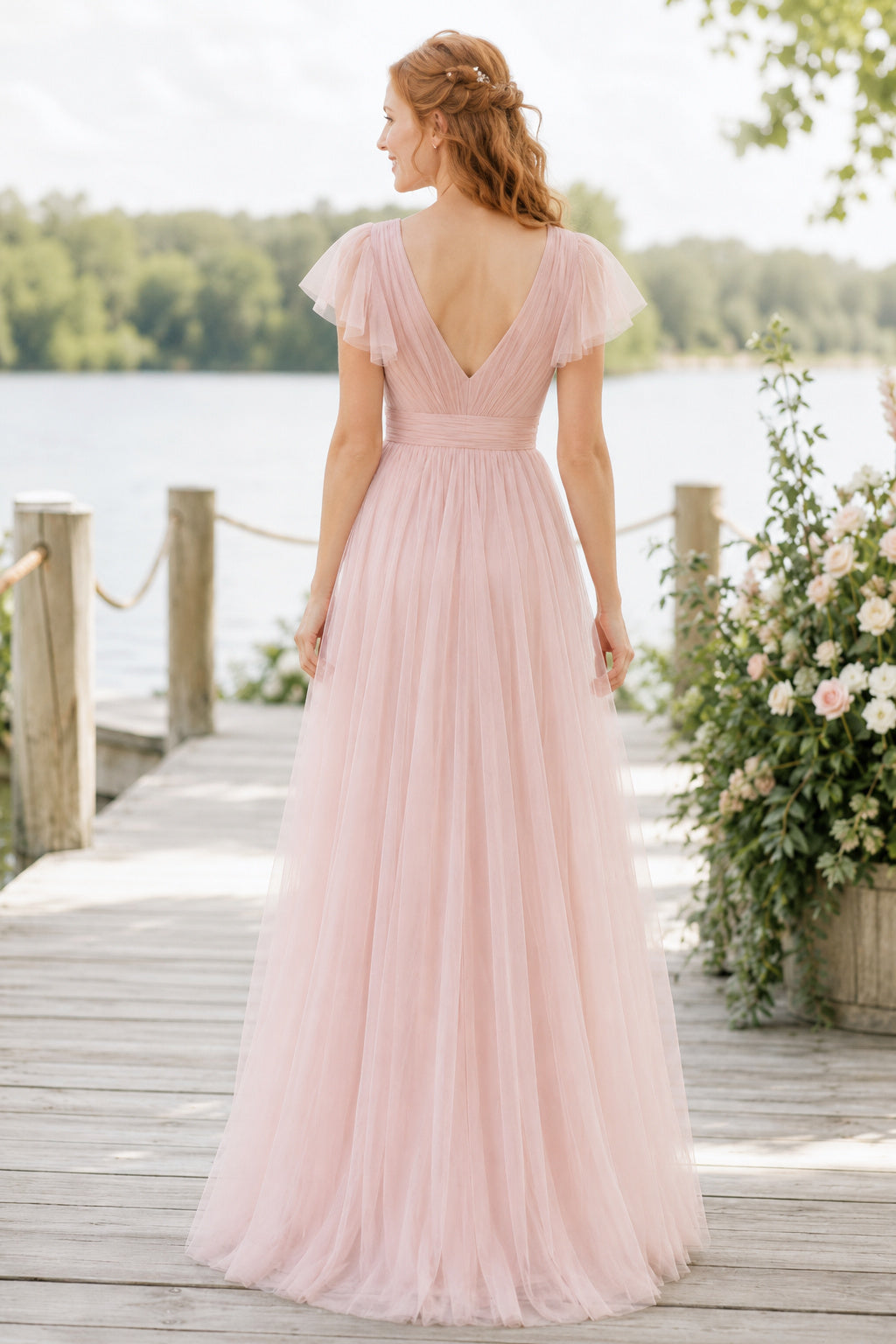 Blush Flutter Sleeve V-Neck Tulle A-Line Bridesmaid Dress with Soft Pleats back view