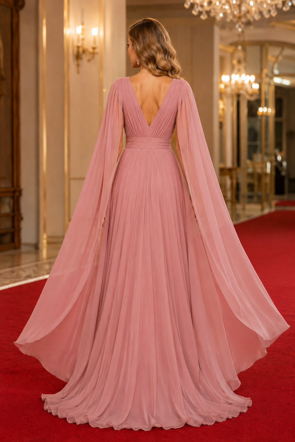 Dusty Rose V-Neck Chiffon A-Line Formal Dress with Long Cape Sleeves and Pleated Skirt back view