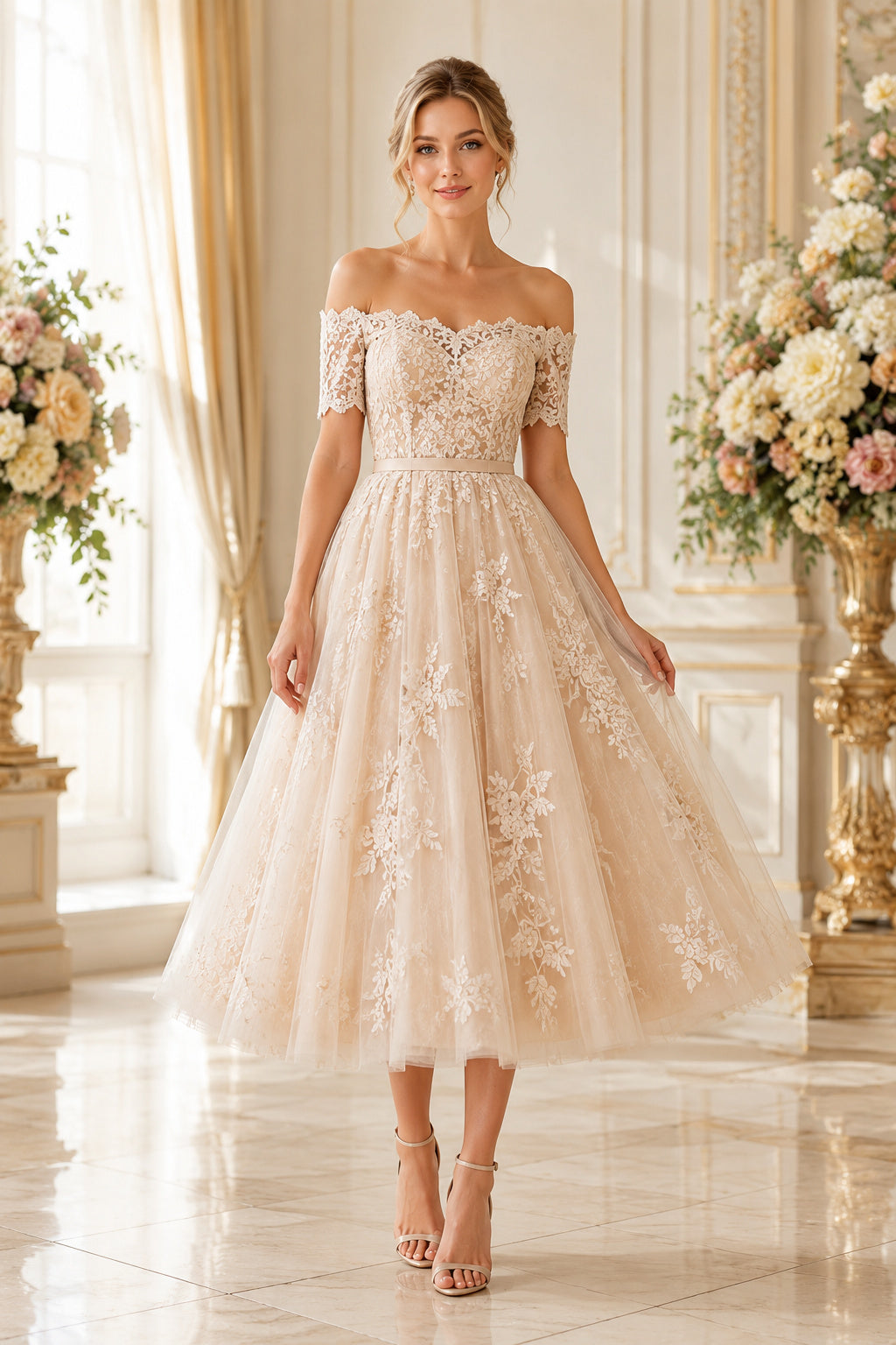 Champagne Off Shoulder Lace Bodice with Tea Length Tulle Skirt Tea Length A-Line Wedding Dress front view