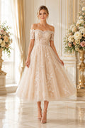 Champagne Off Shoulder Lace Bodice with Tea Length Tulle Skirt Tea Length A-Line Wedding Dress front view