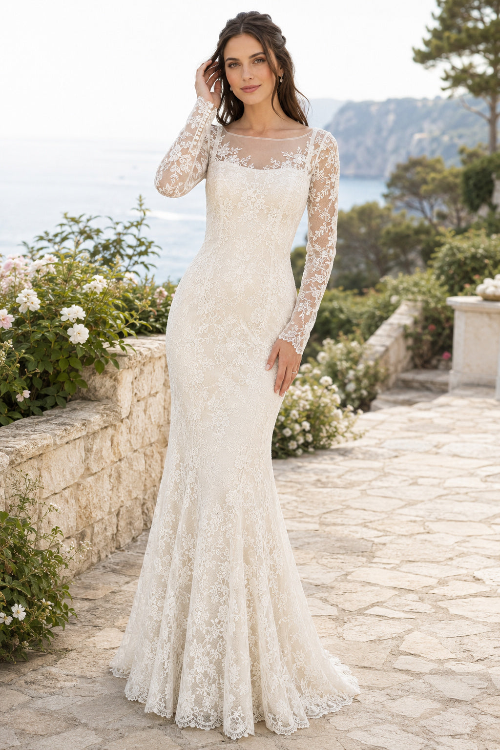 Ivory Illusion Bateau Long Sleeve Lace Mermaid Wedding Dress with Button Back and Train front view