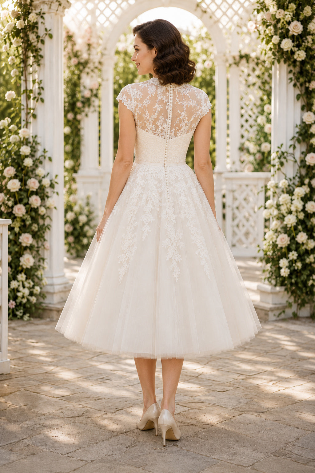 Cap Sleeve Lace Tea-Length Wedding Dress with Full Tulle Skirt back view