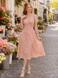 Coral Ditsy Floral Sweetheart Puff Sleeve Midi Dress front view