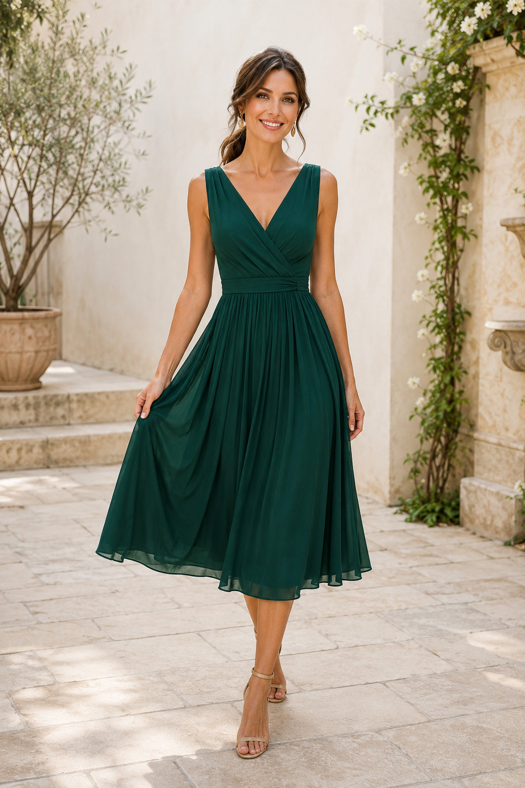 Dark Green V-Neck Chiffon Tea-Length A-Line Bridesmaid Dress with Pleated Bodice front view