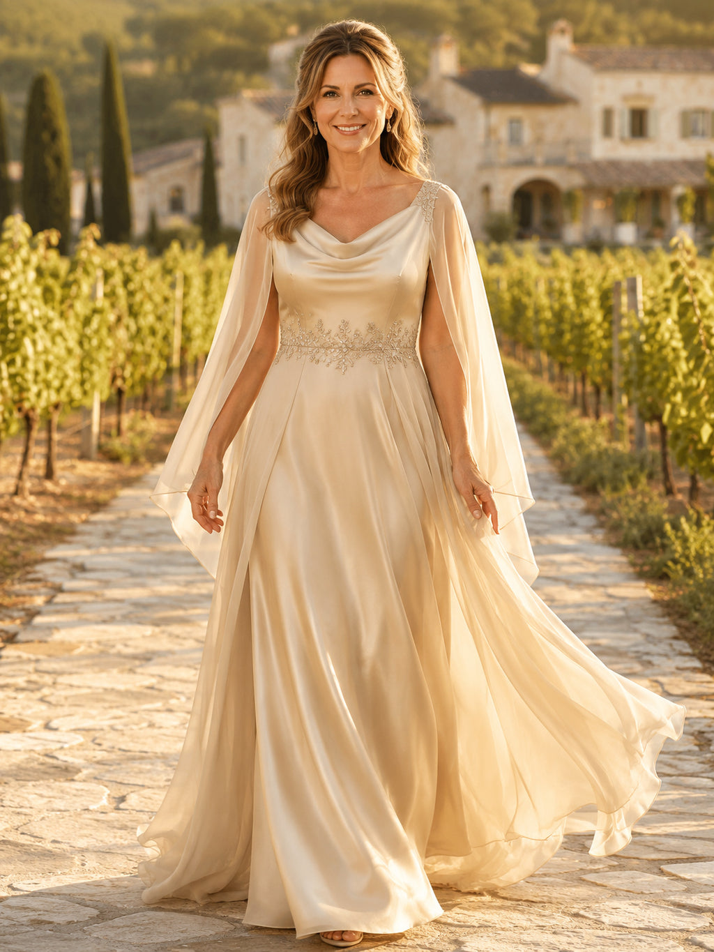 Gold Luxury Cowl-Neck Satin-Chiffon A-Line Floor-Length Mother of the Bride Gown with Long Cape and Beaded Waist front view