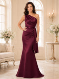 Burgundy Luxury Floor-Length Mermaid Mother of the Bride Satin Gown with One-Shoulder Bodice Slim Belt Side Drape and Sweep T
