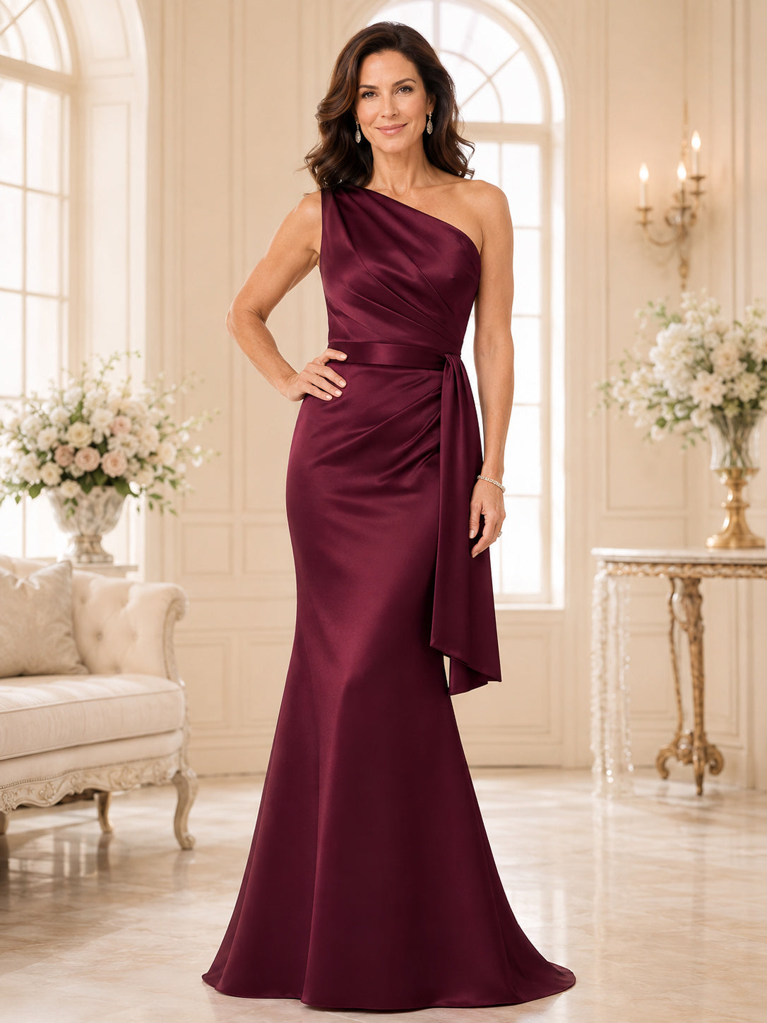 Burgundy Luxury Floor-Length Mermaid Mother of the Bride Satin Gown with One-Shoulder Bodice Slim Belt Side Drape and Sweep T