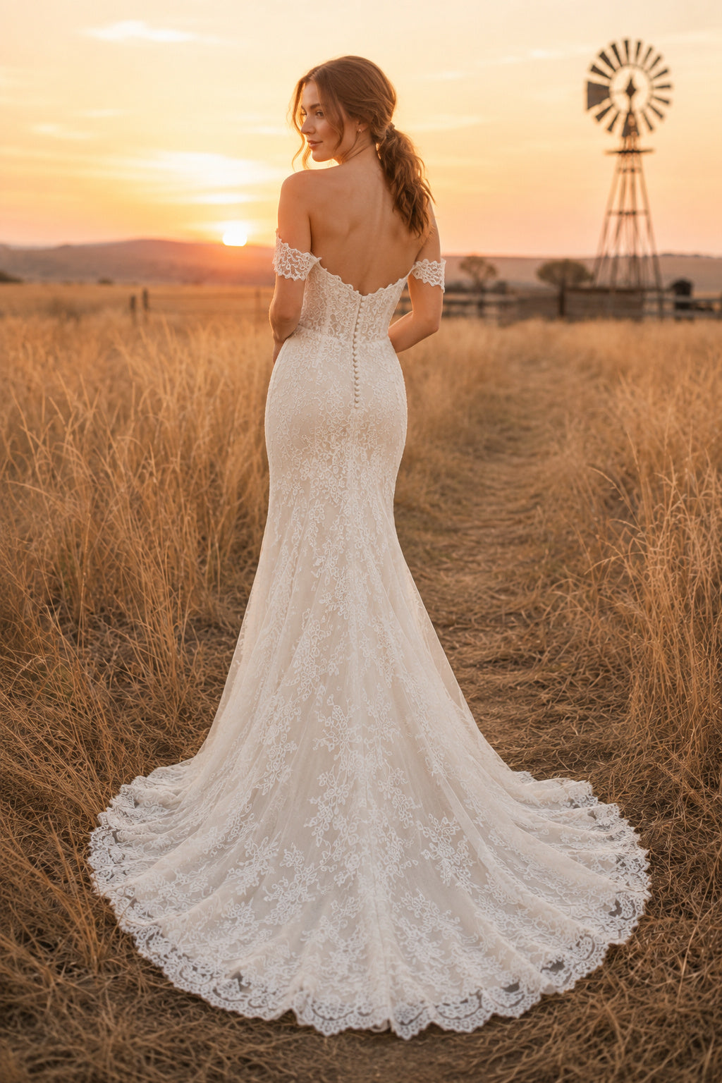 Off the Shoulder Mermaid Wedding Dress with Sweetheart Lace Bodice and Sweep Train back view