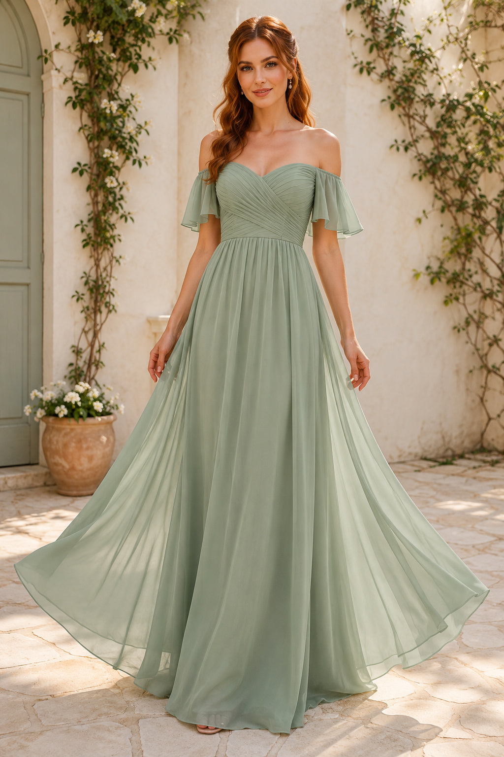 Sage Off-the-Shoulder Flutter Sleeve Chiffon A-Line Bridesmaid Dress with Floor Skirt front view