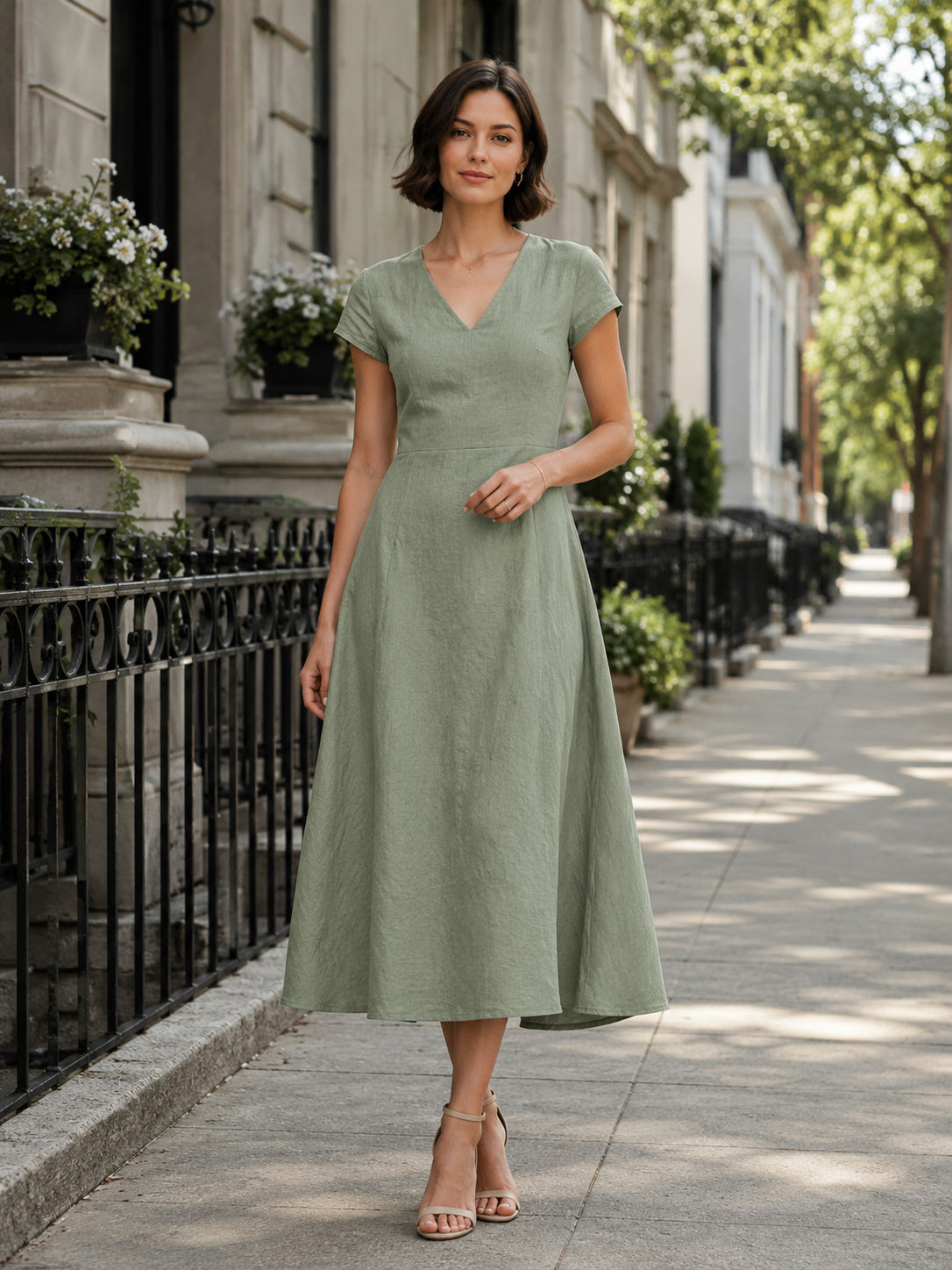 Sage Linen V Neck Short Sleeve A Line Midi Dress front view